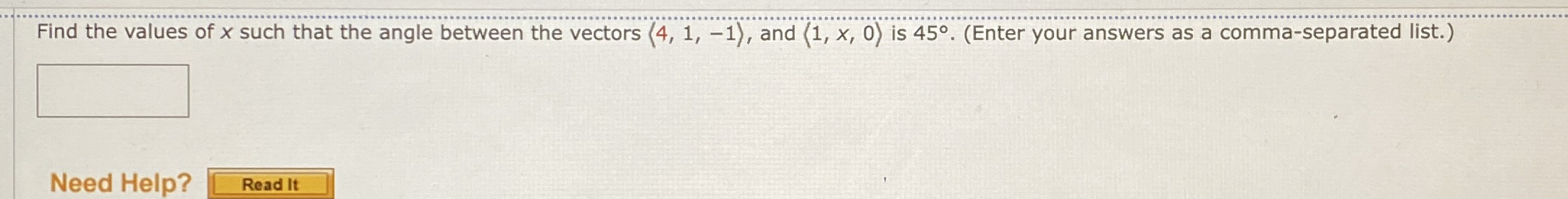 Find the values of x such that the angle between