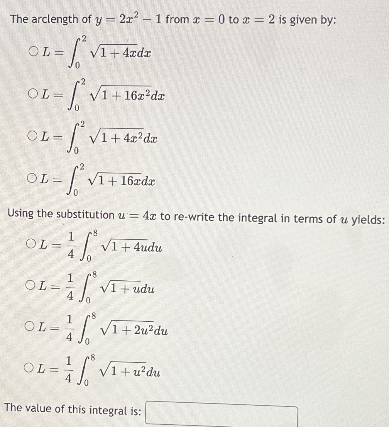 The arclength of y = 2 x 2 - 1 from x = 0 to x =