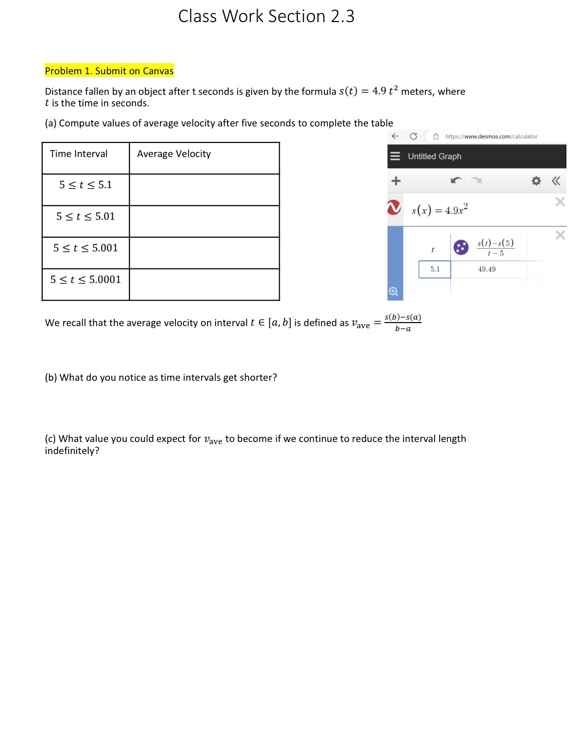 Class Work Section 2 . 3 Problem 1 . Submit on
