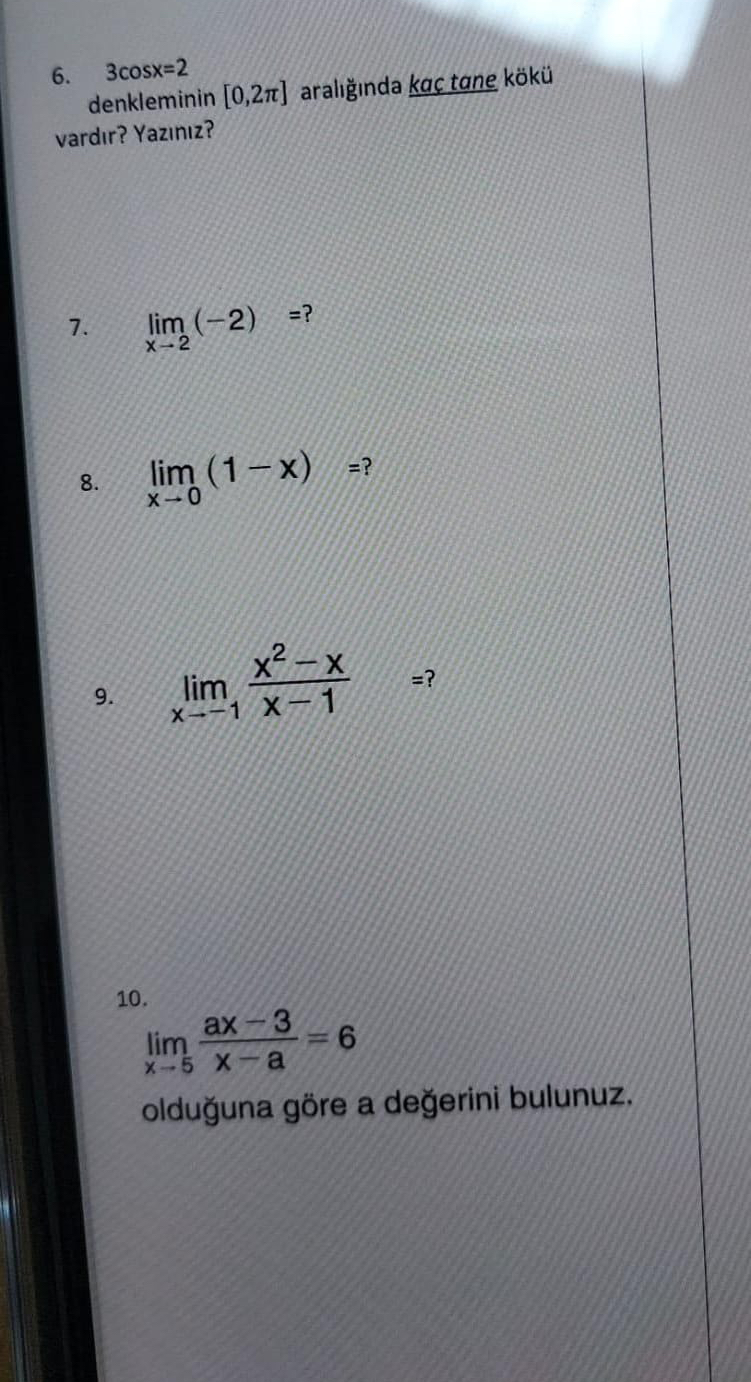 3 c o s x = 2 denkleminin 0 , 2 aral nda kac tane