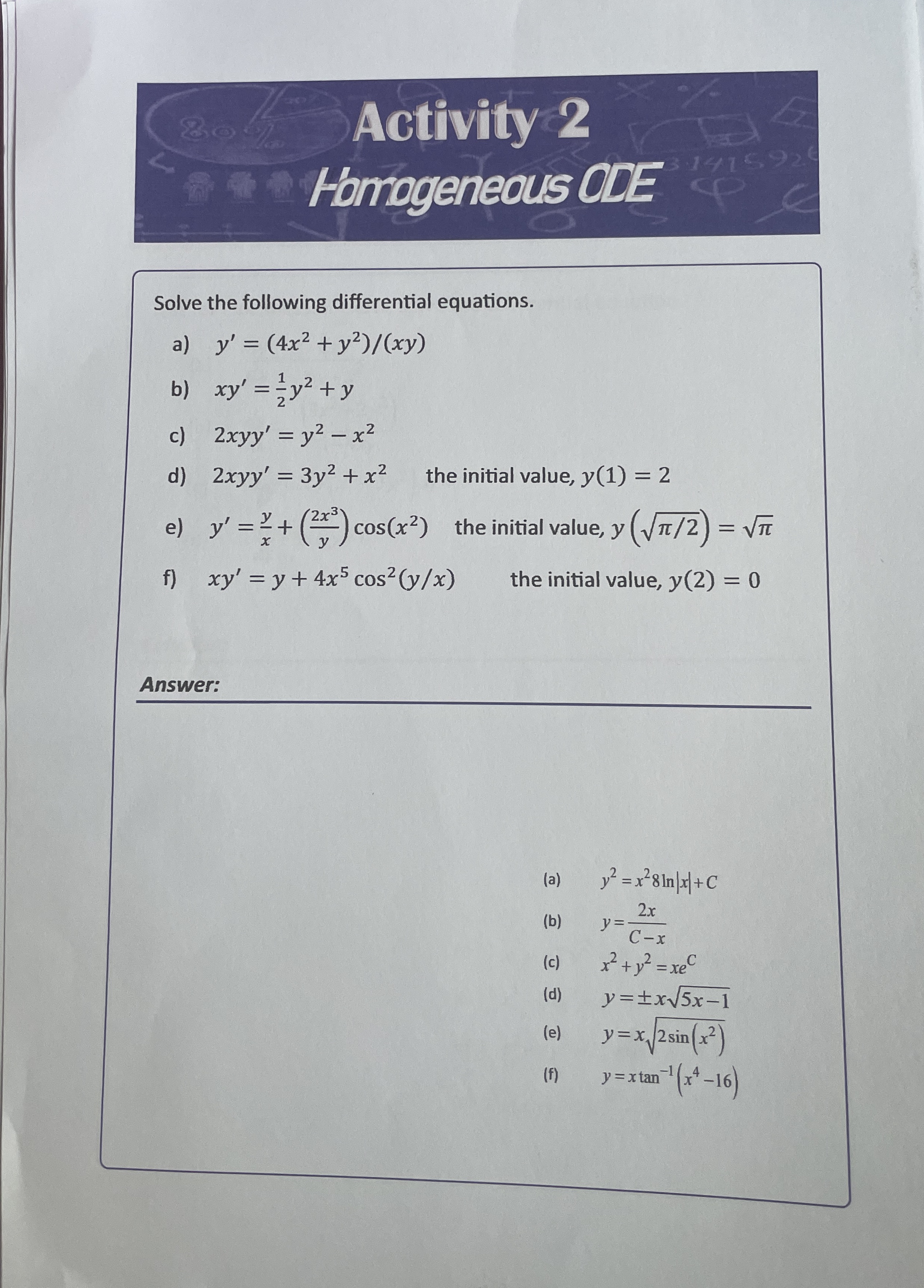 Activity 2 Forrogeneous ODE Solve the following