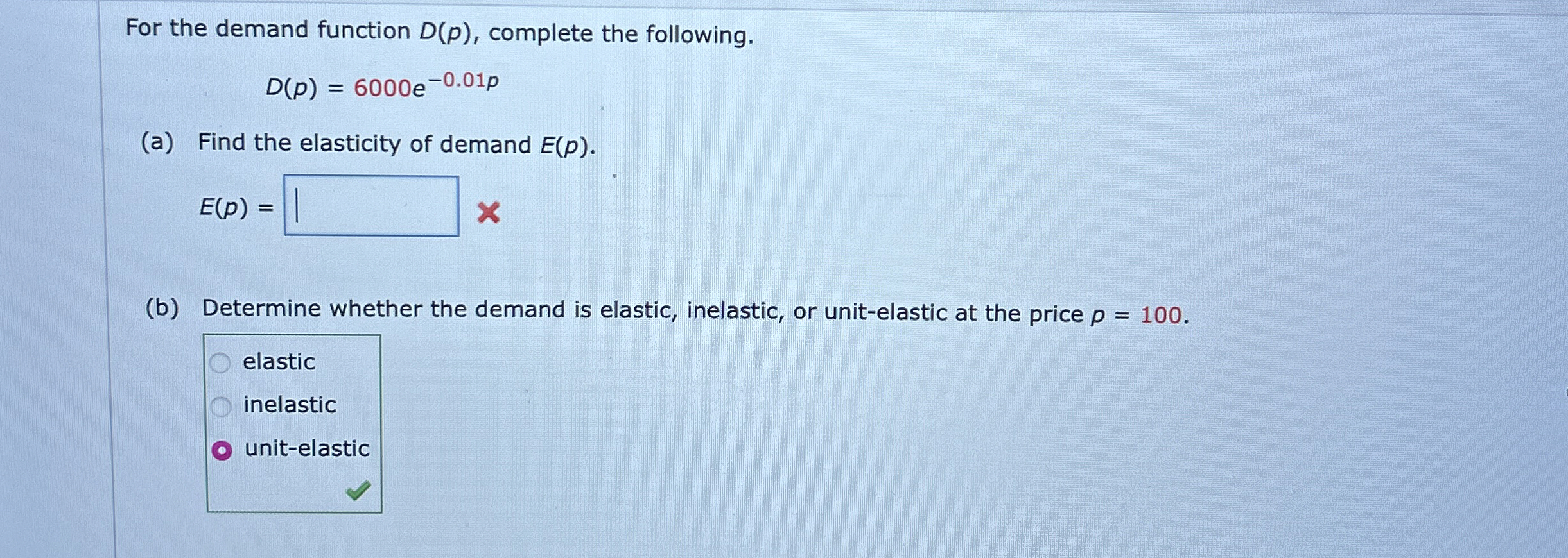 For the demand function D ( p ) , complete the
