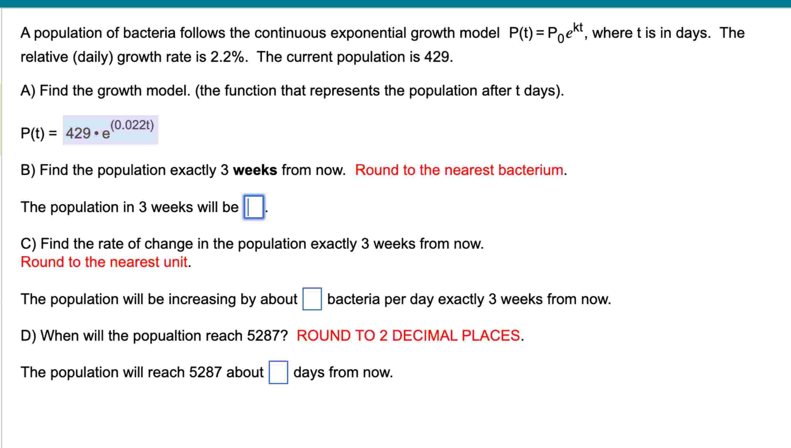 A population of bacteria follows the continuous