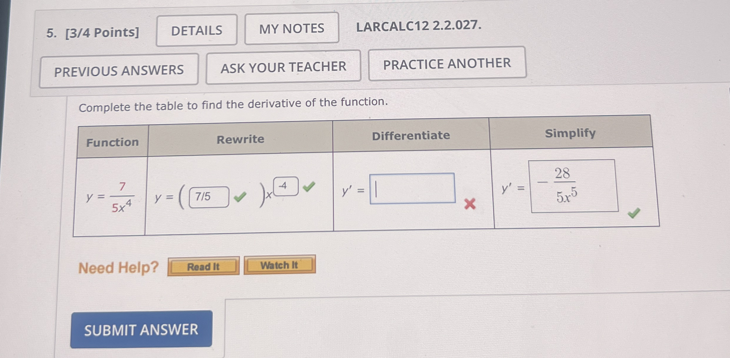Complete the table to find the derivative of the