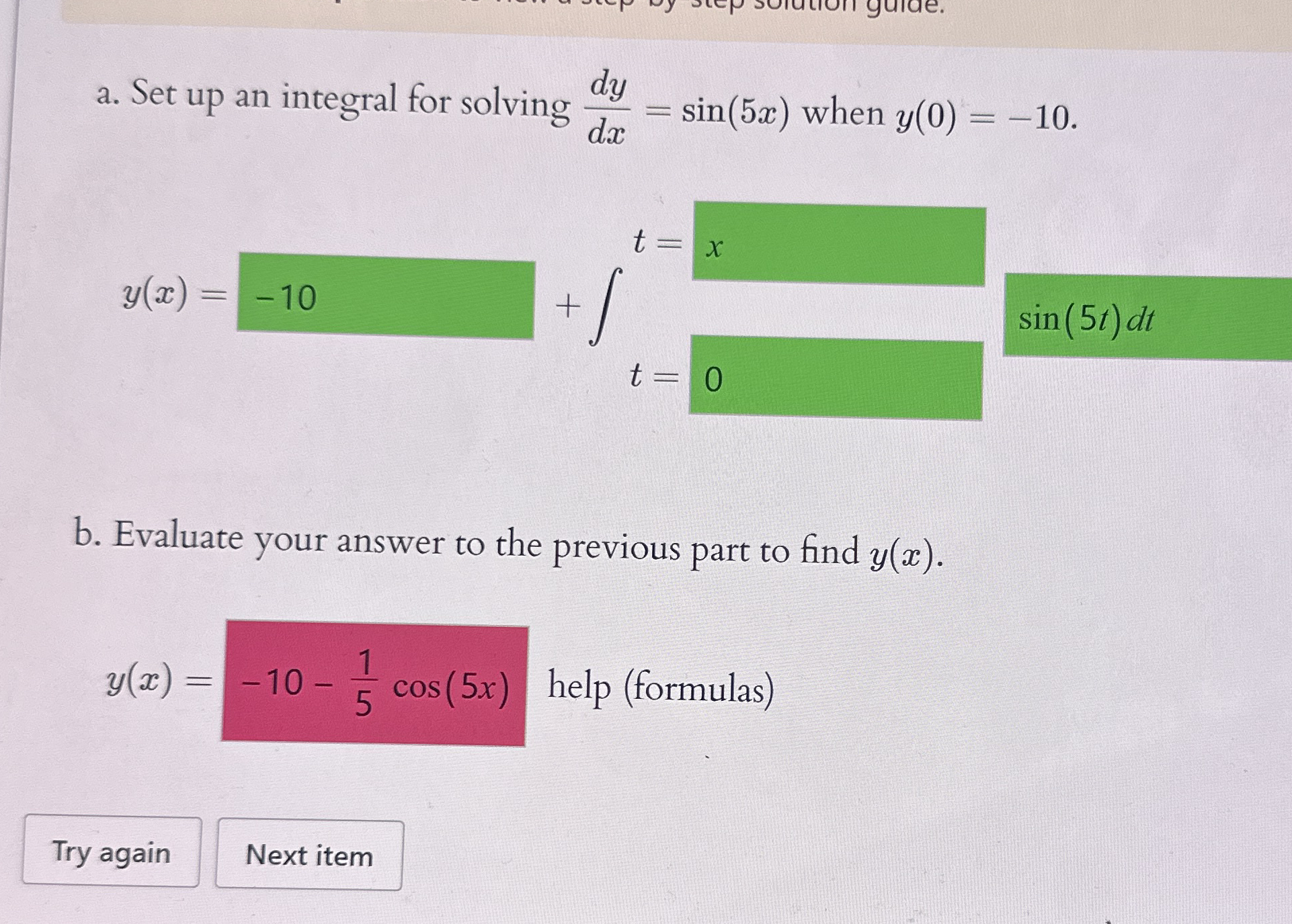 a . Set up an integral for solving d y d x = s i