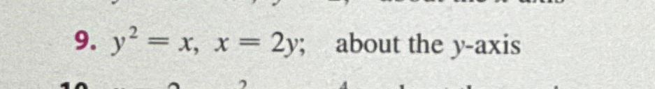 y 2 = x , x = 2 y ; , about the y - axis