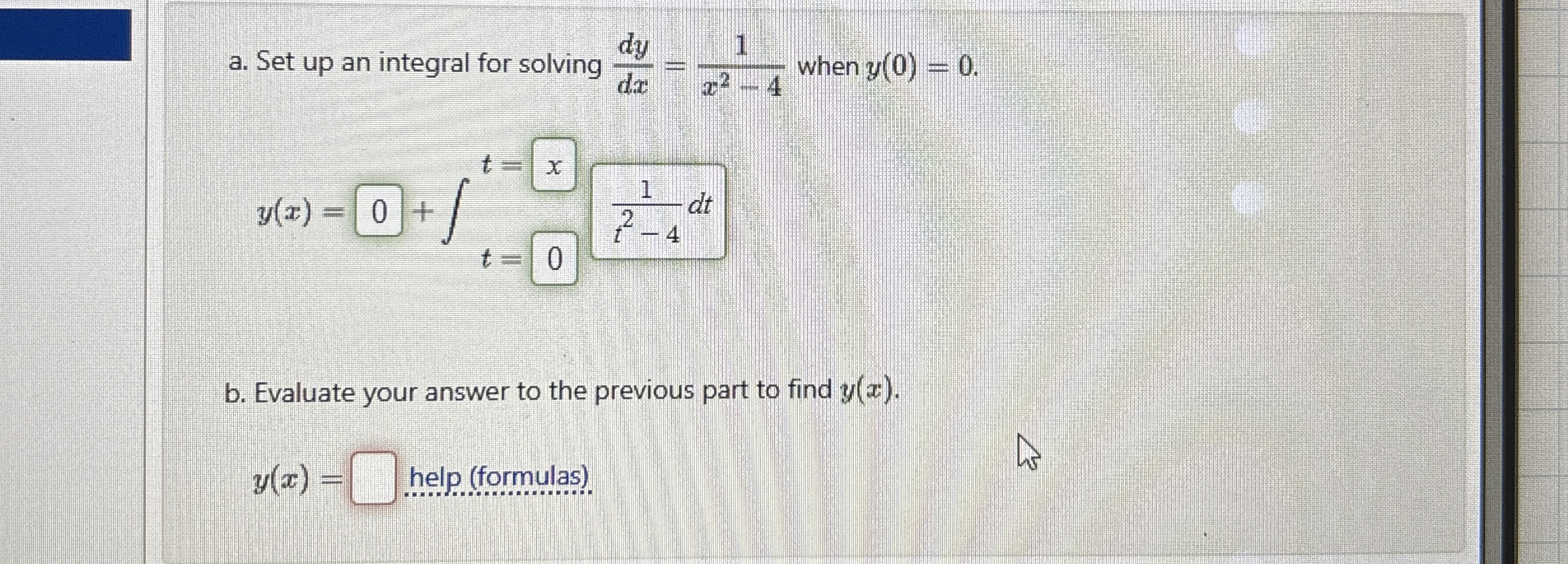 a . Set up an integral for solving d y d x = 1 x