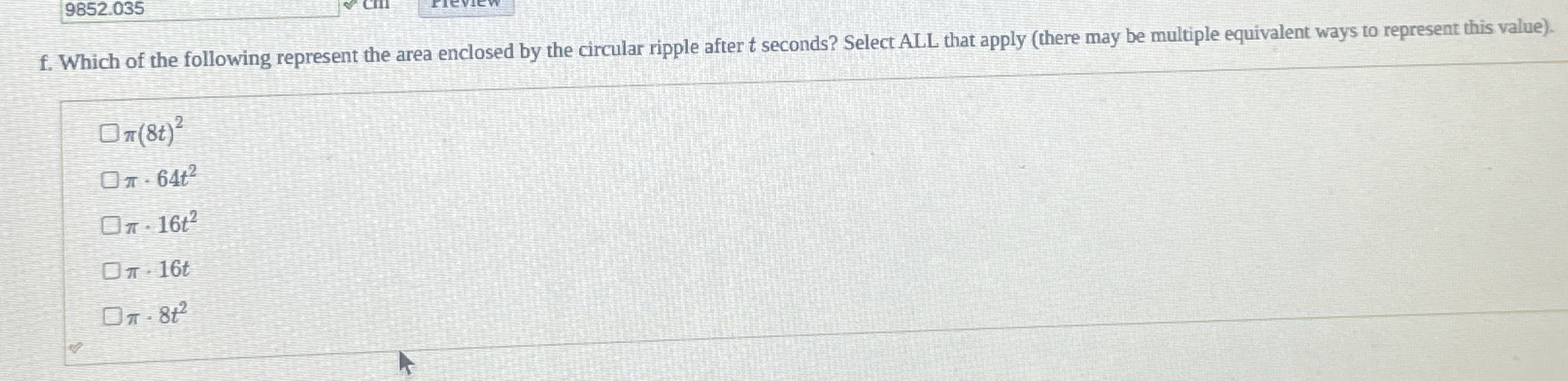 f . Which of the following represent the area