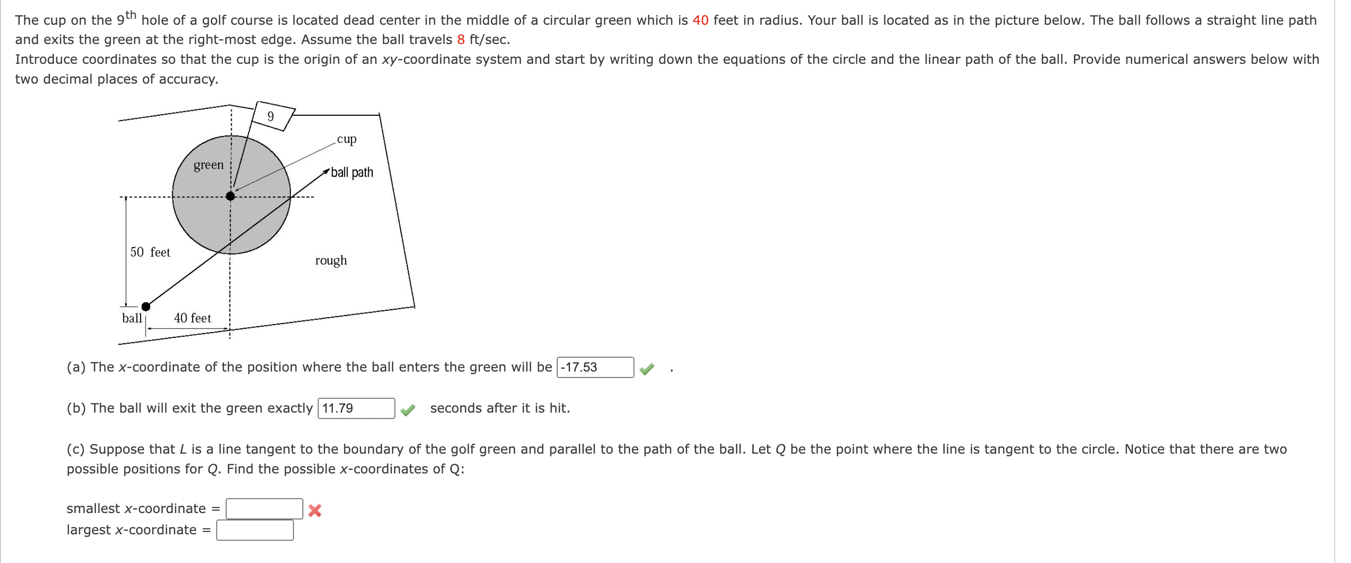 and exits the green at the right - most edge.