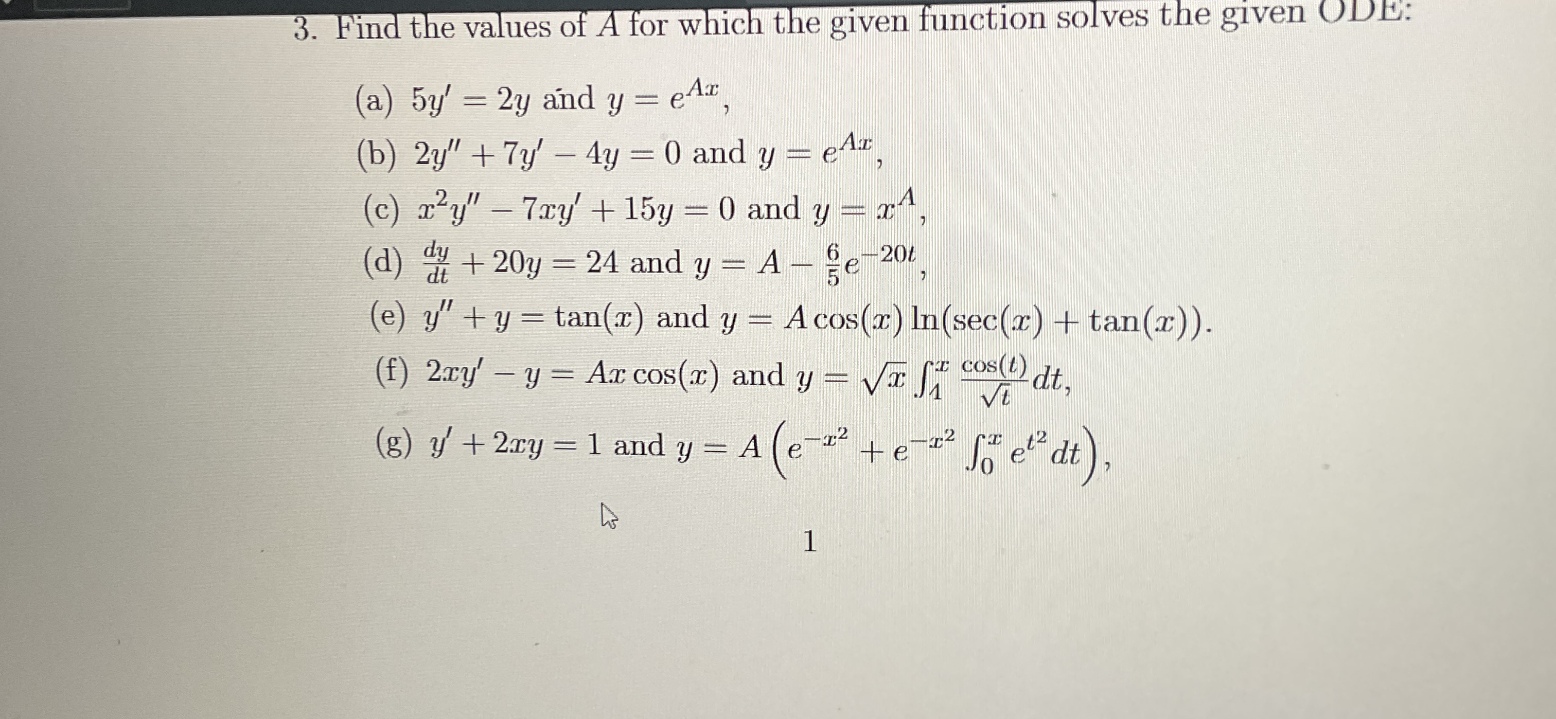 Find the values of A for which the given function