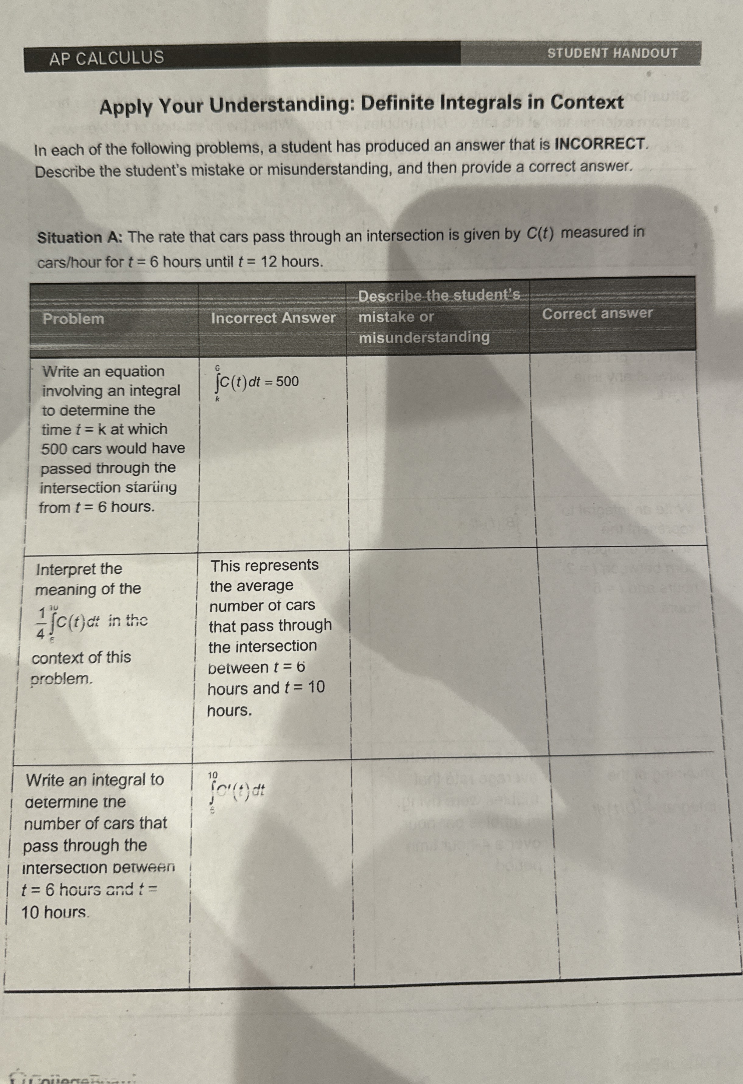 AP CALCULUS STUDENT HANDOUT Apply Your