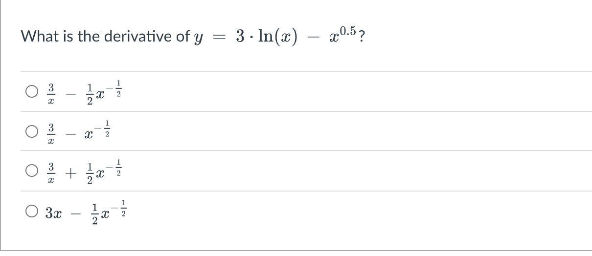 What is the derivative of y = 3 * ln ( x ) - x ^