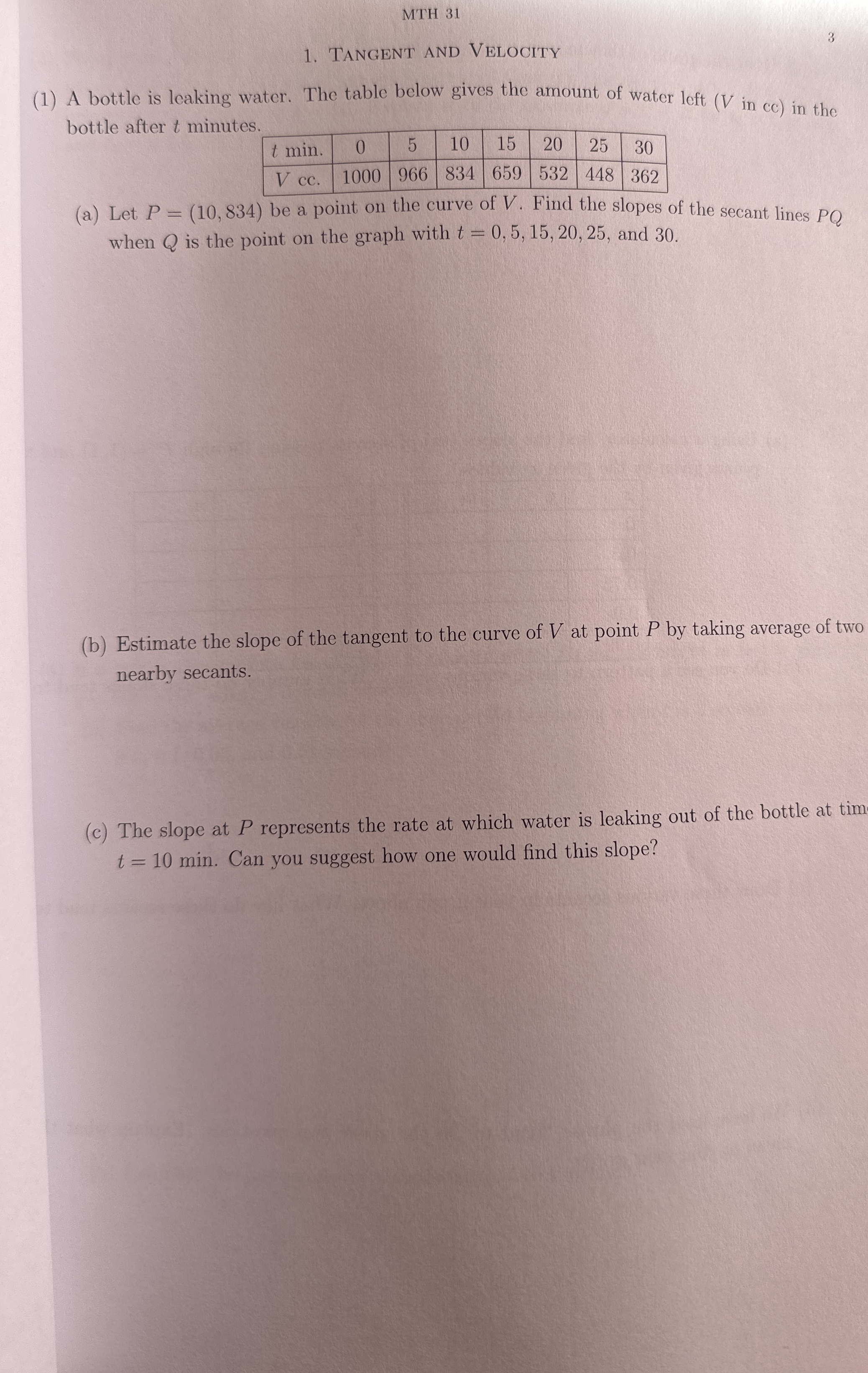 MTH 3 1 TANGEnt and Velocity ( 1 ) A bottle is