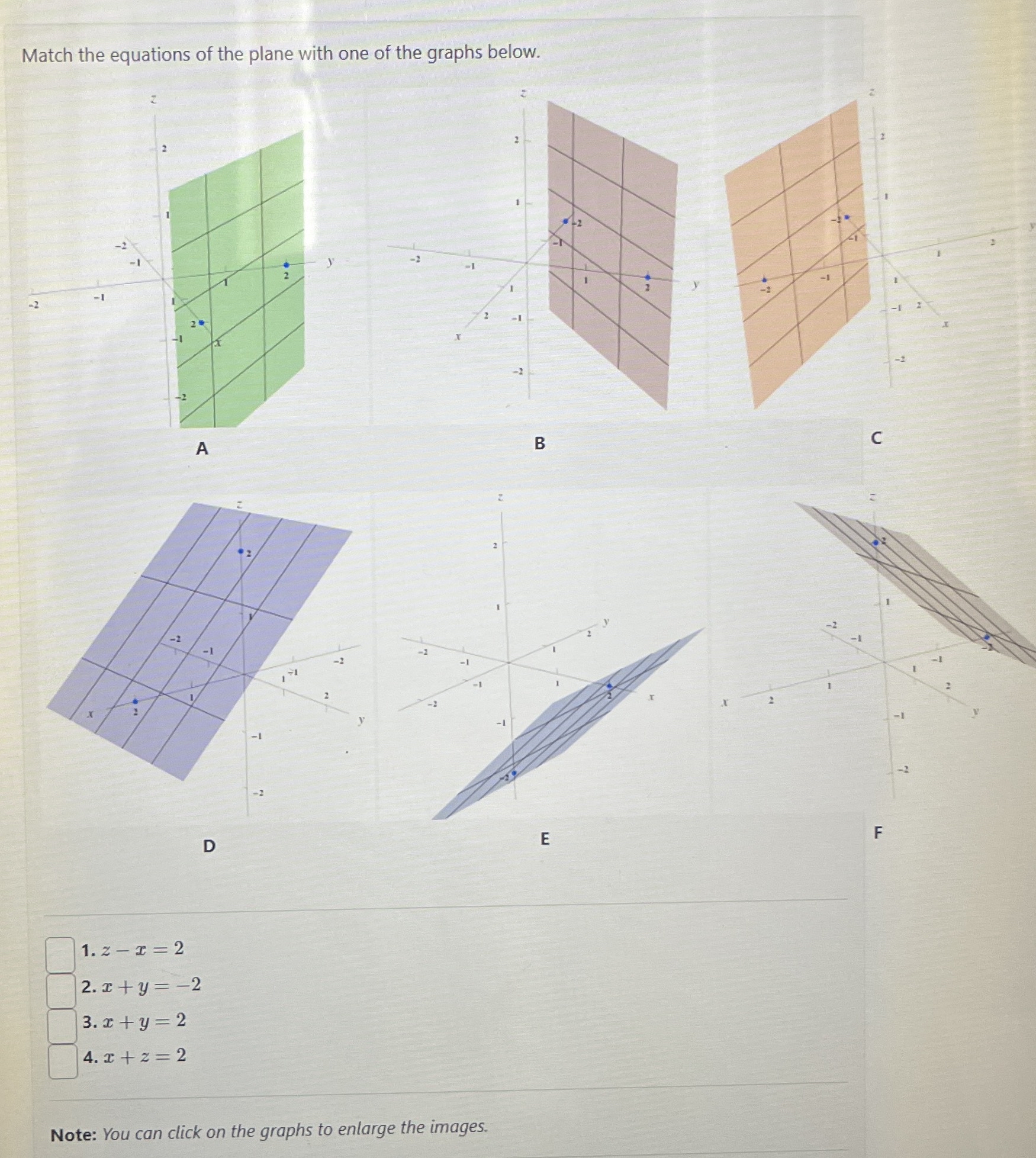 Match the equations of the plane with one of the