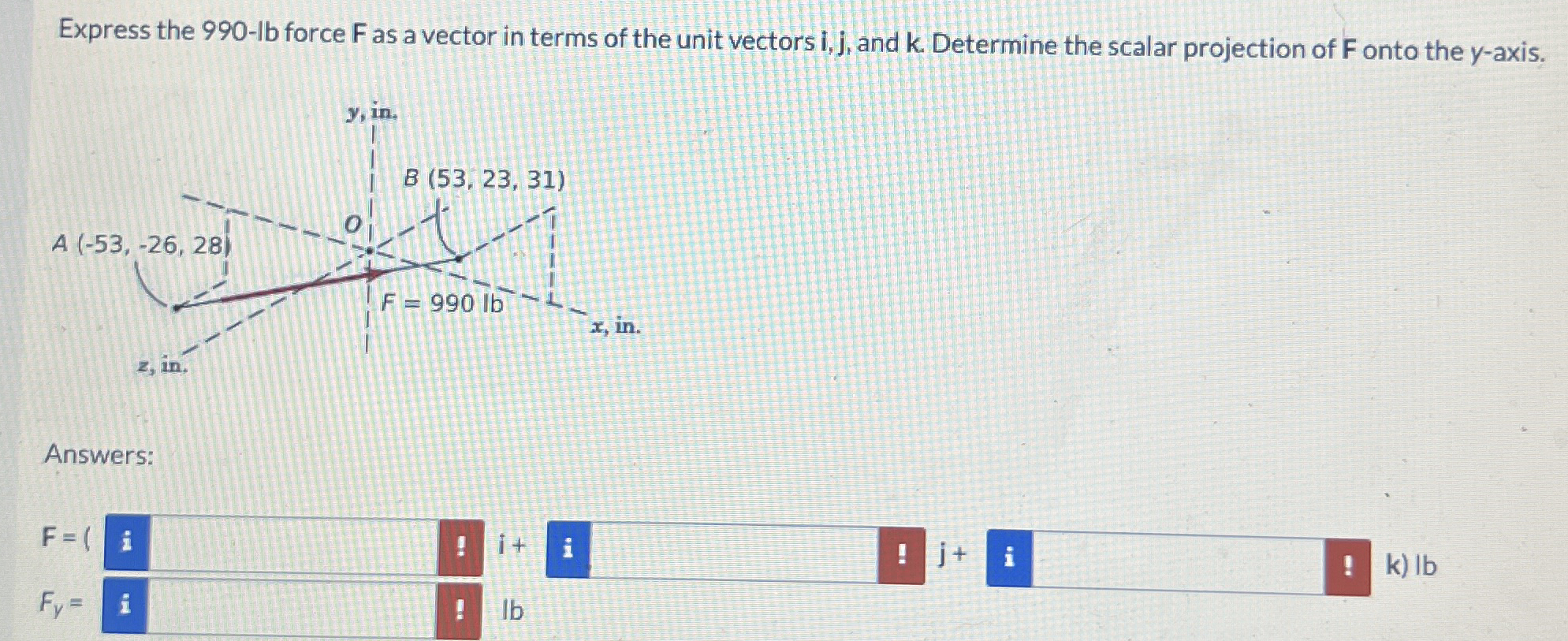 Express the 9 9 0 - lb force F as a vector in