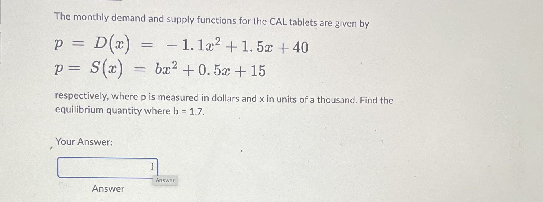 The monthly demand and supply functions for the