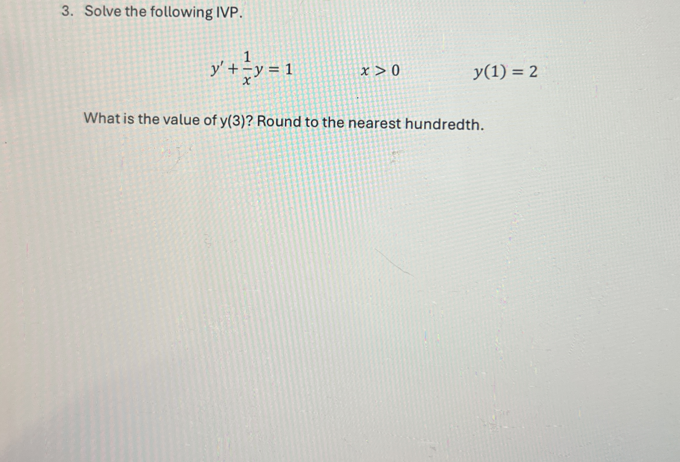 Solve the following IVP. y ' + 1 x y = 1 , x  style=