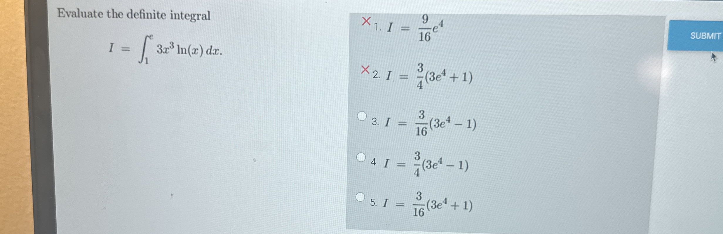 Evaluate the definite integral I = 1 e 3 x 3 l n