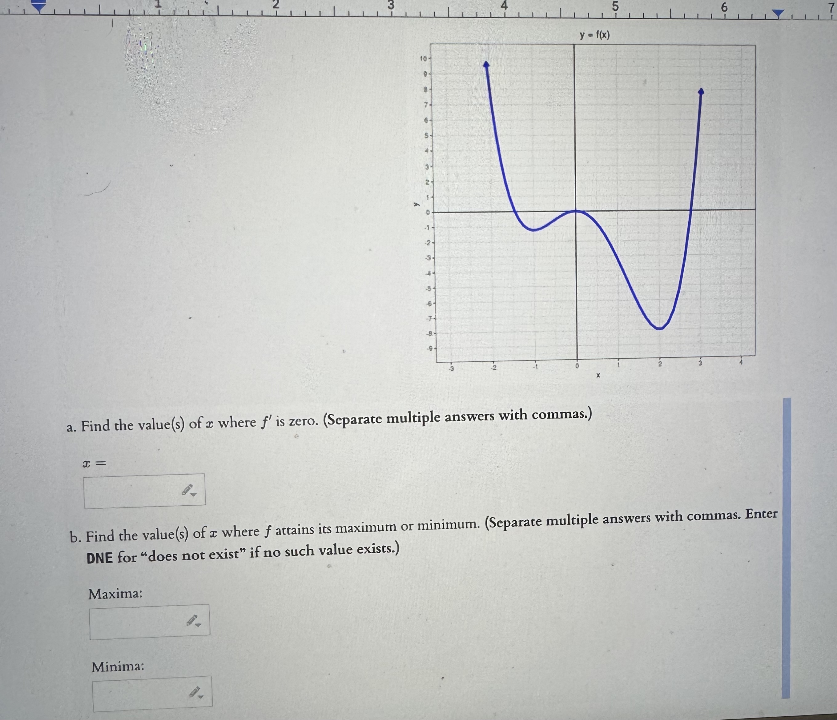 a . Find the value ( s ) of x where f ' is zero.