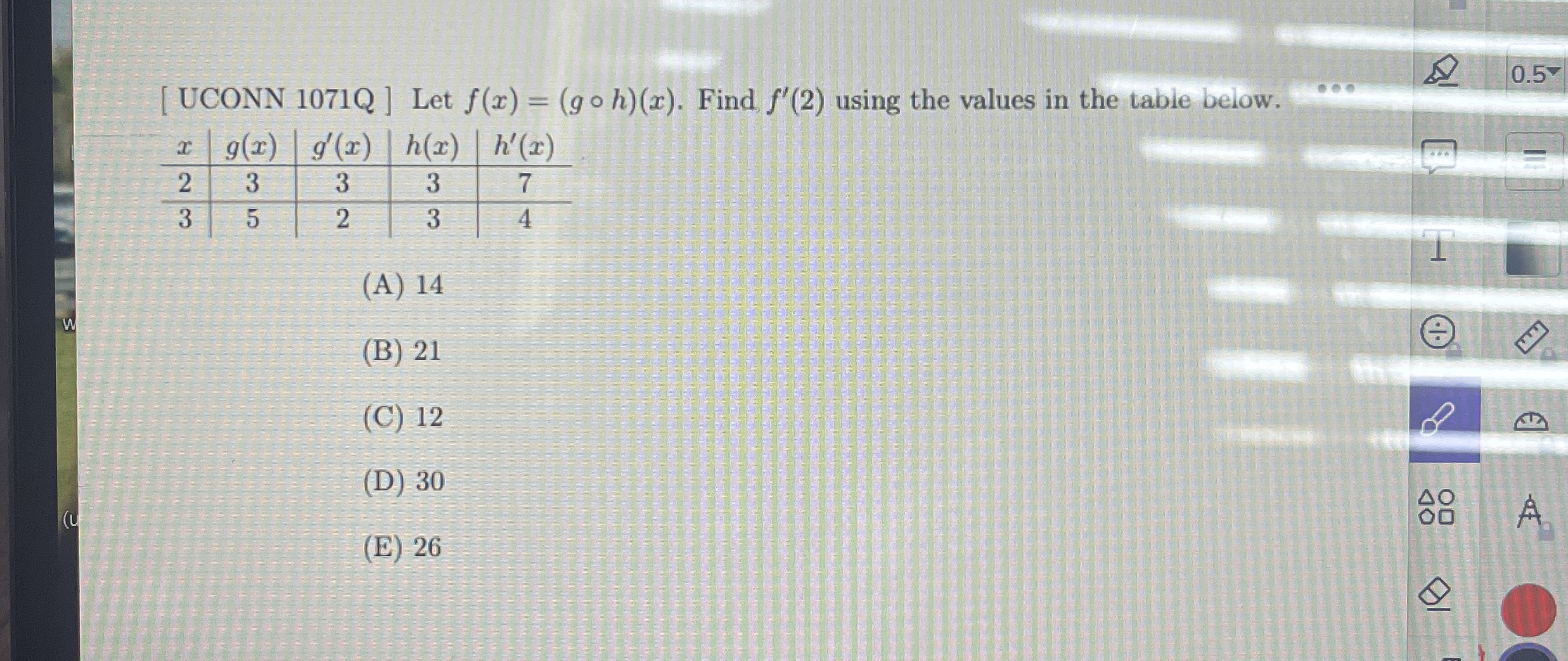 Let f ( x ) = ( g @ h ) ( x ) . Find f ' ( 2 )