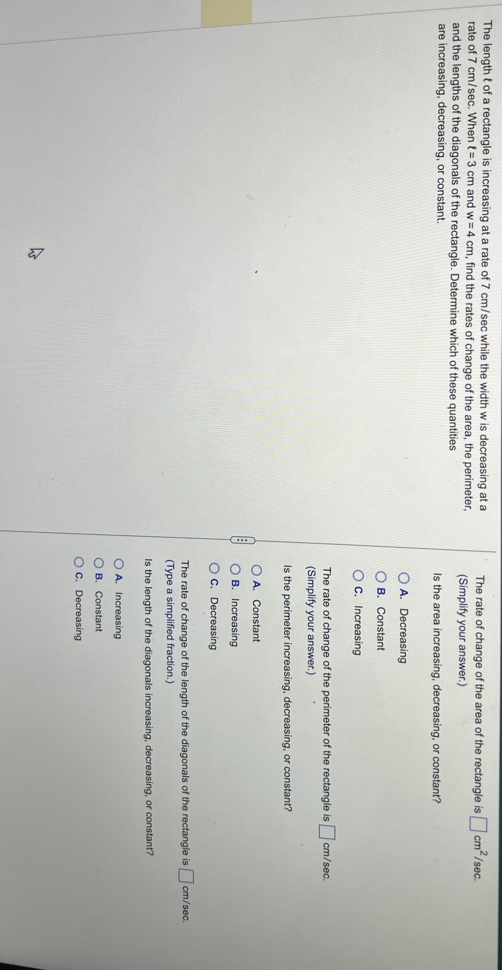 The length l of a rectangle is increasing at a