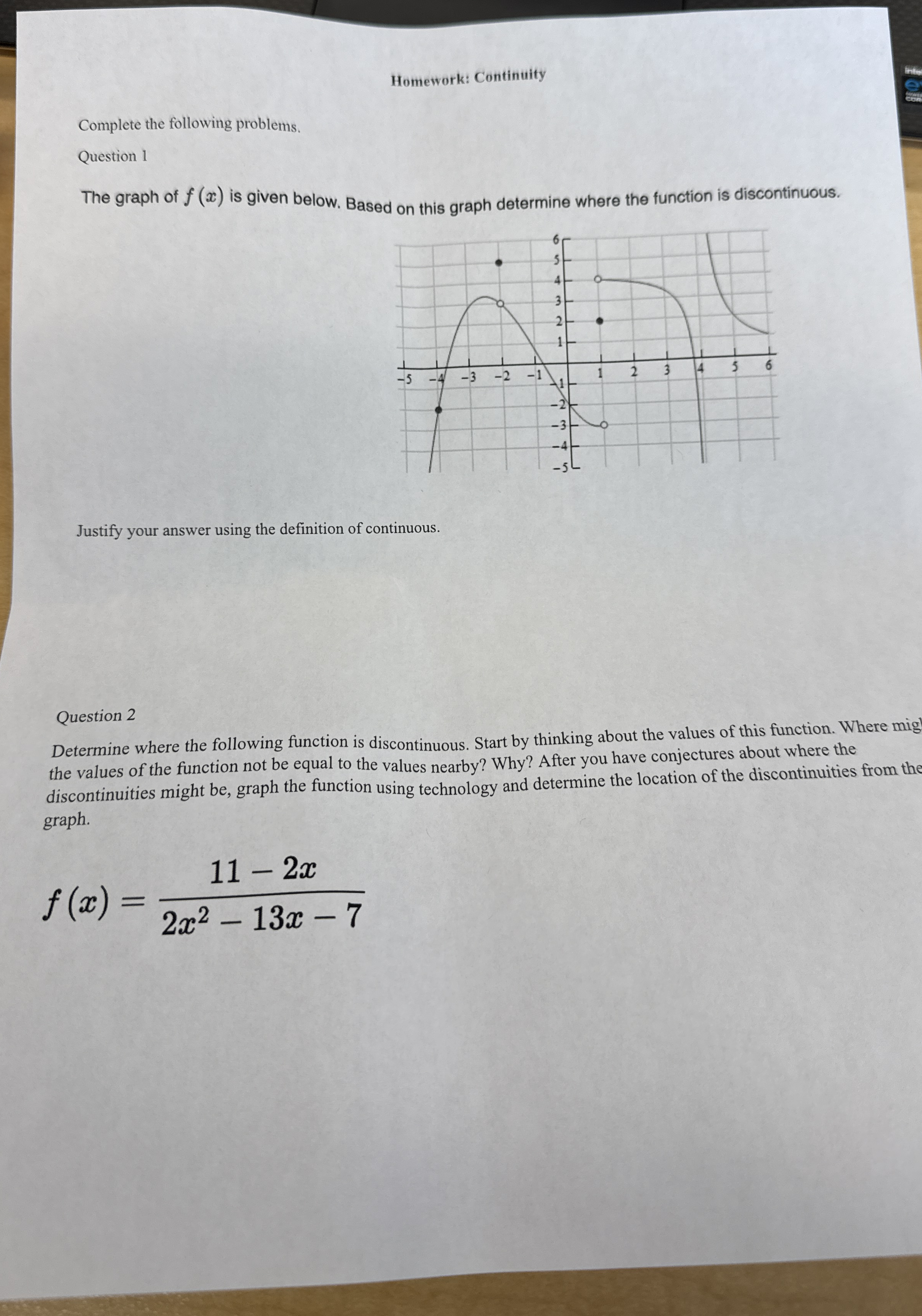 How to solve Homework: Continuity Complete the