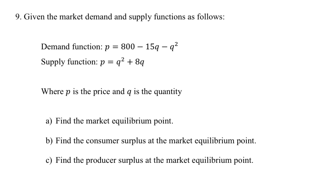 Given the market demand and supply functions as