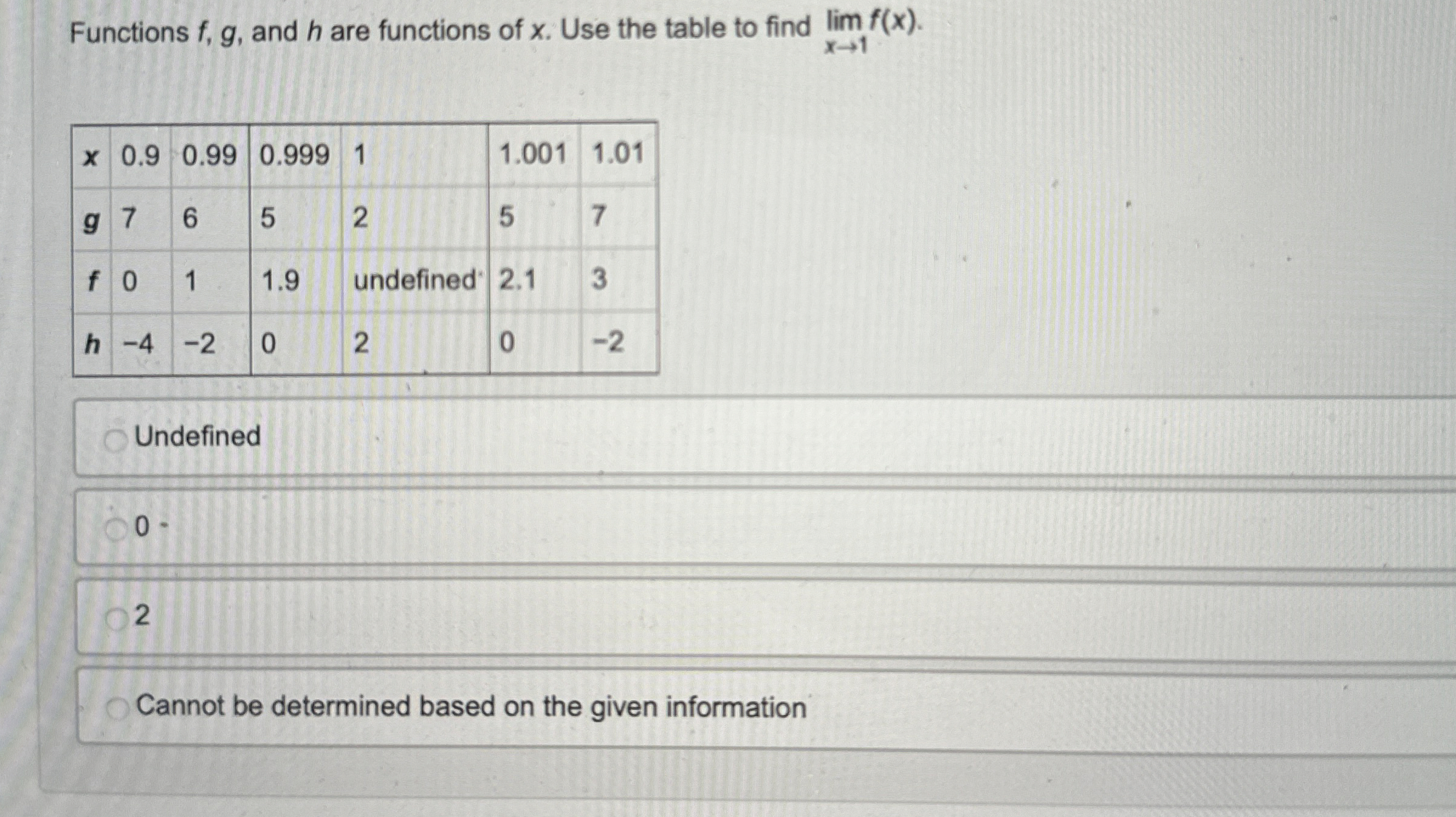 Functions f , g , and h are functions of x . Use