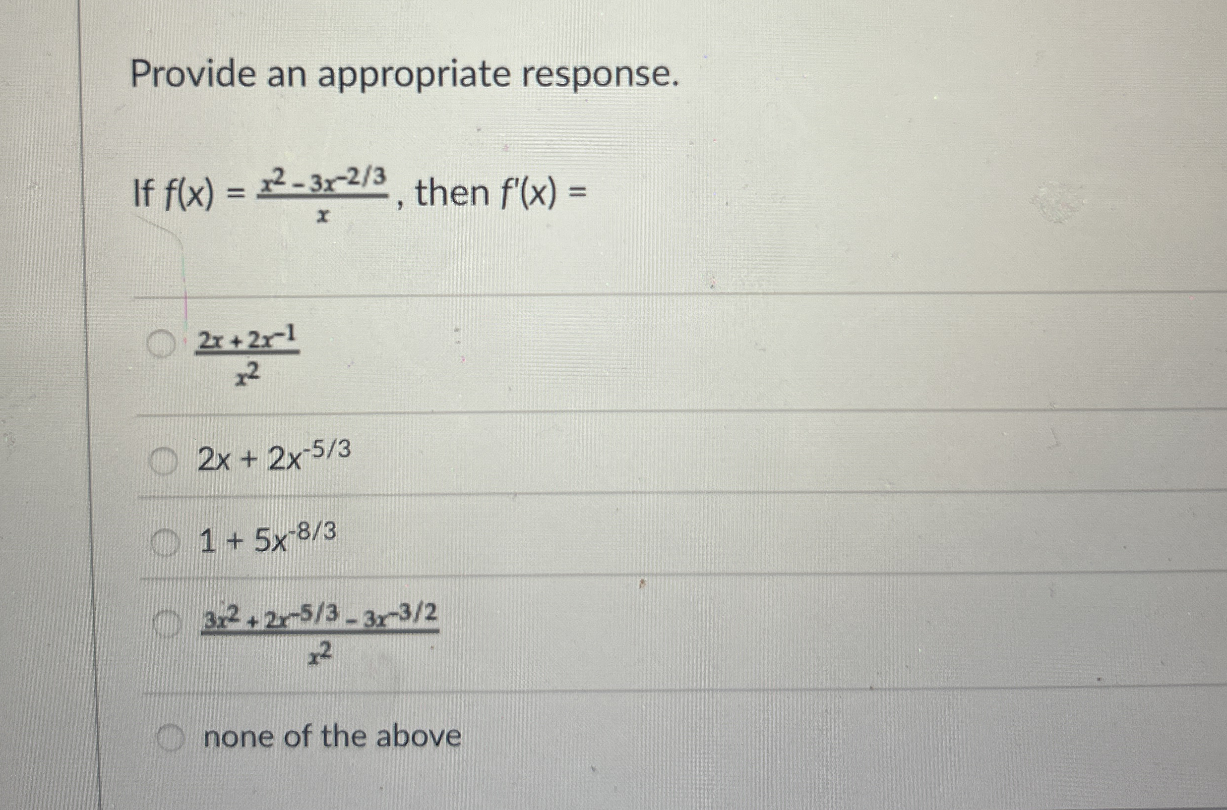 Provide an appropriate response. If f ( x ) = x 2
