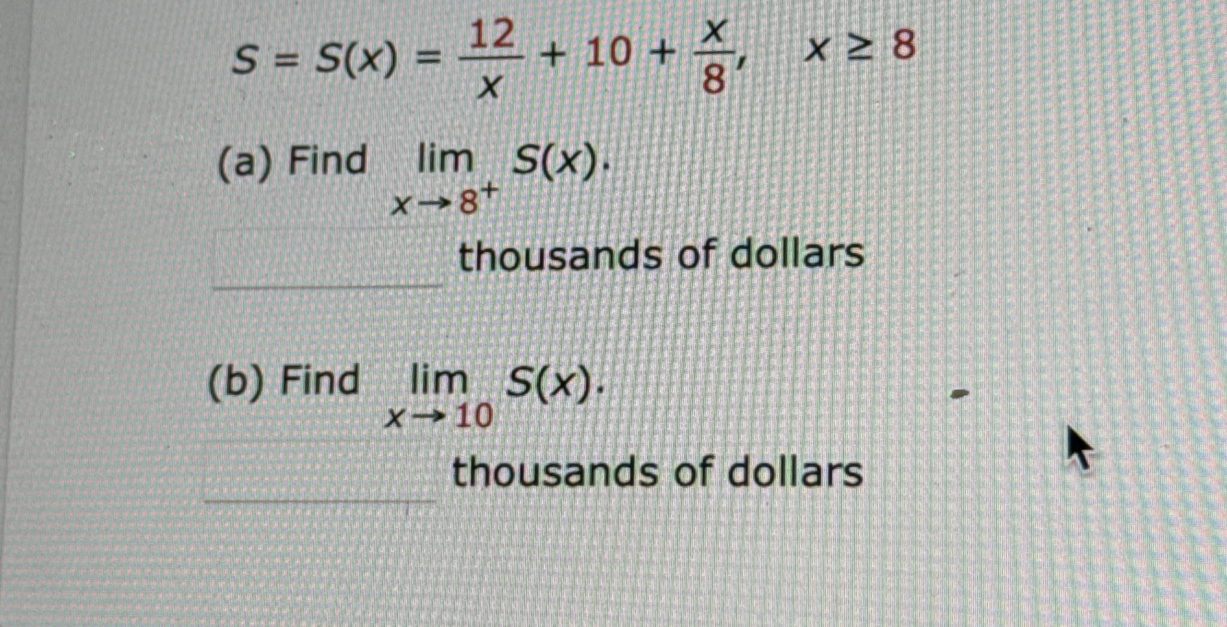 S = S ( x ) = 1 2 x + 1 0 + x 8 , x 8 ( a ) Find