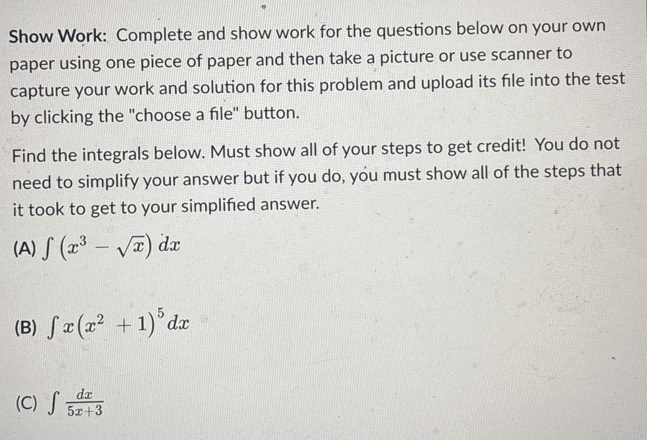 Show Work: Complete and show work for the