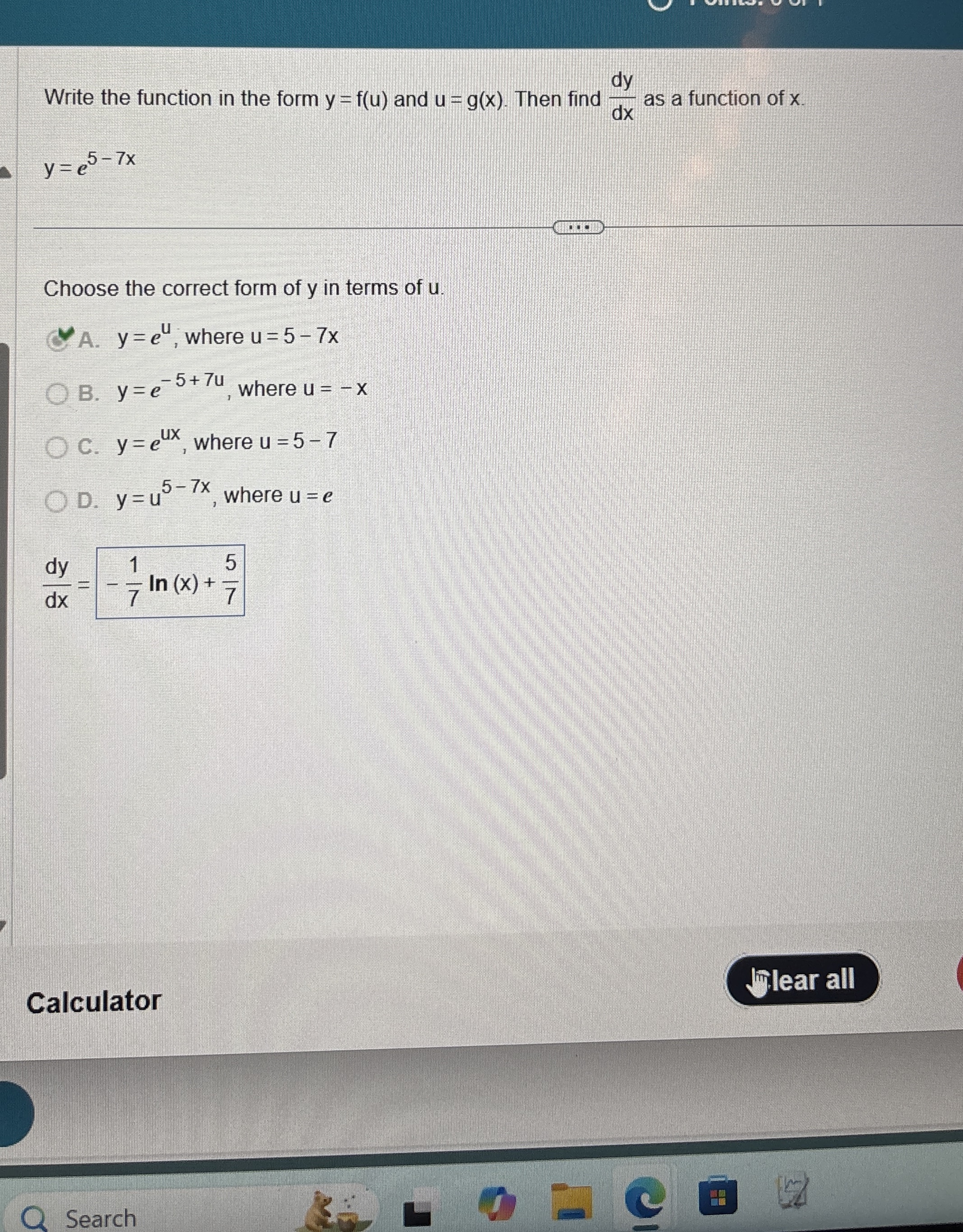 Write the function in the form y = f ( u ) and u