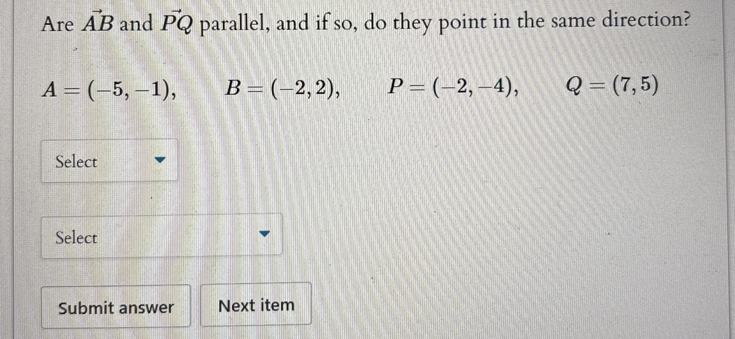 Are vec ( A B ) and vec ( P Q ) parallel, and if