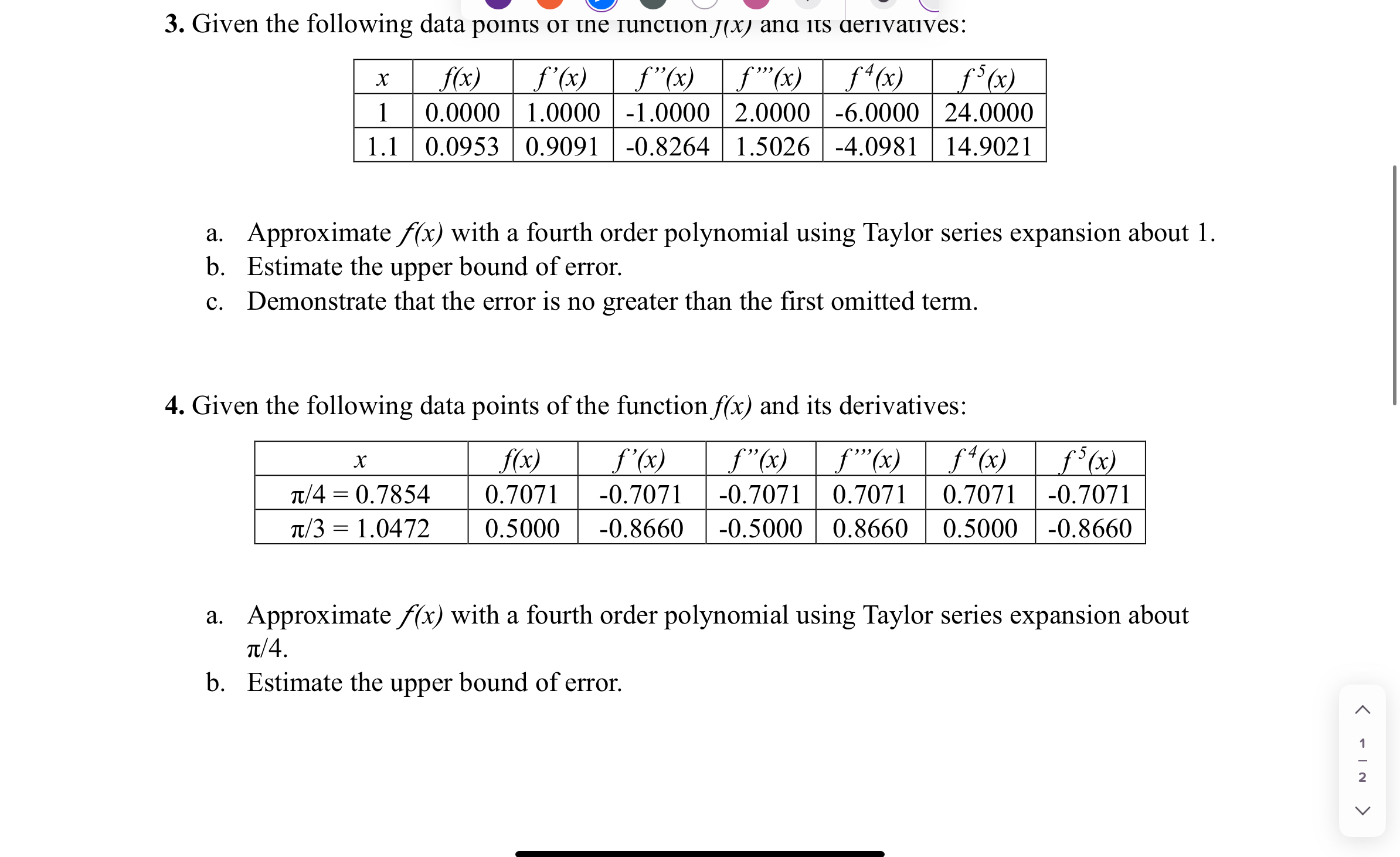 Given the following data points or the runction f