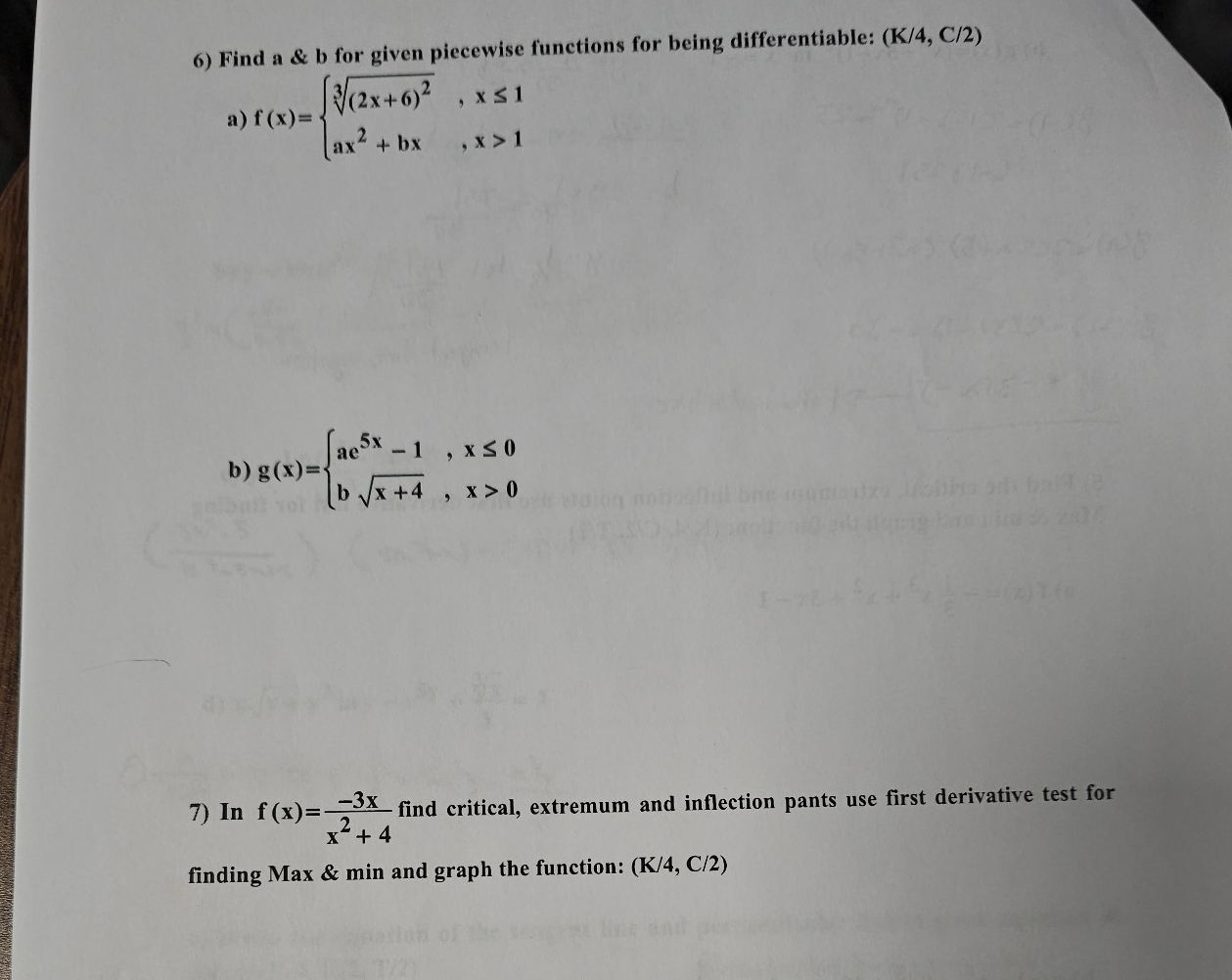 Find a & b for given piecewise functions for