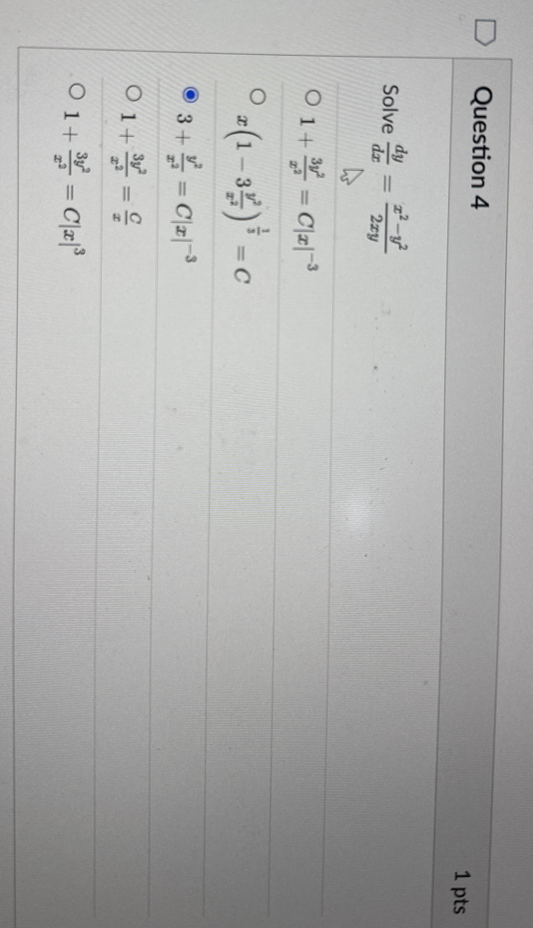 Question 4 1 pts Solve d y d x = x 2 - y 2 2 x y