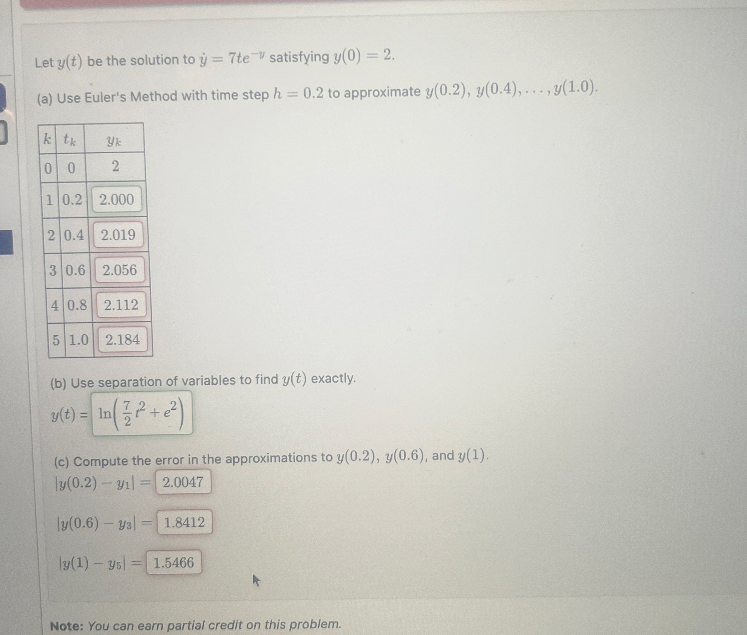Let y ( t ) be the solution to y = 7 t e - y