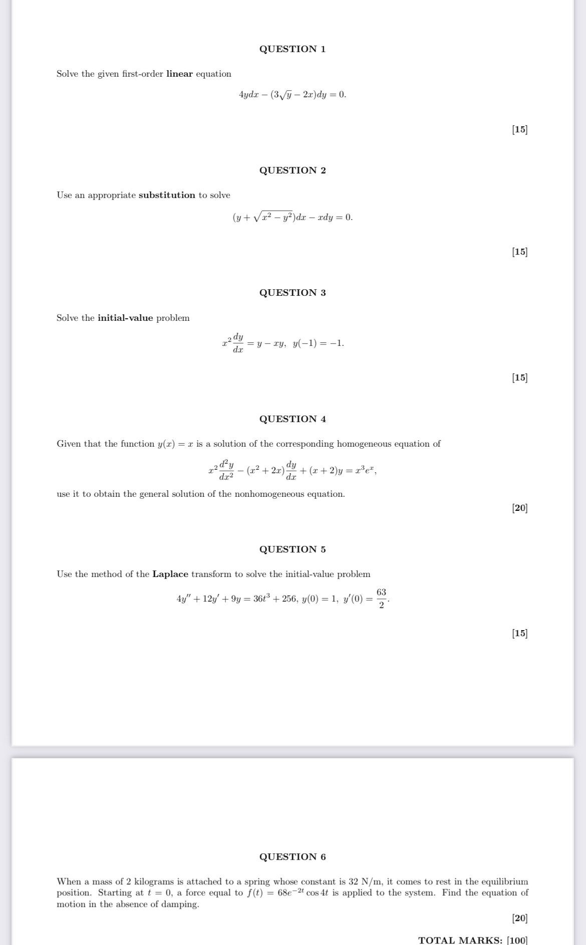 QUESTION 1 Solve the given first - order linear