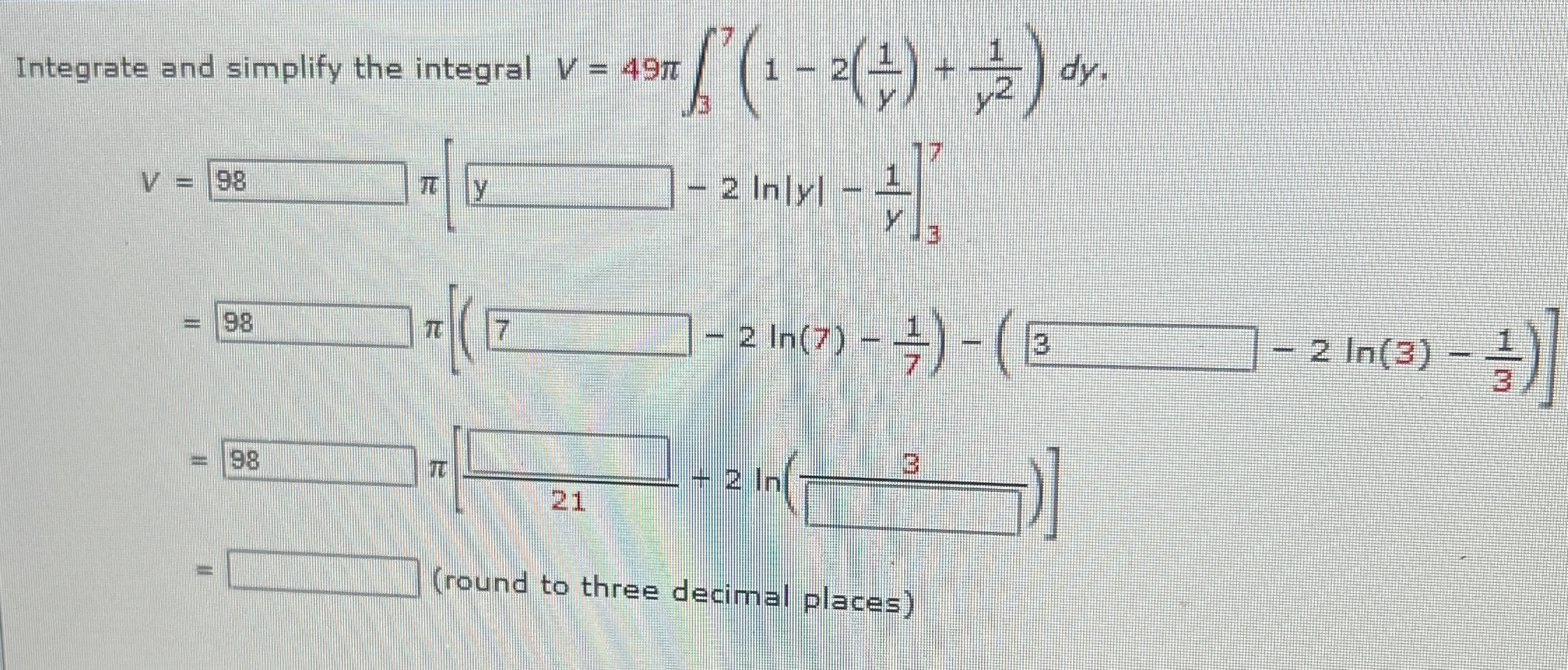Integrate and simplify the integral v = 4 9 3 7 (