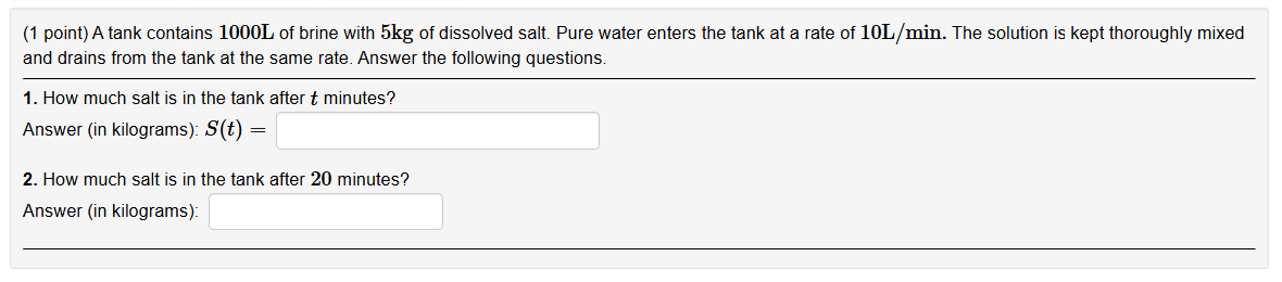 A tank contains 2 0 4 0 2 0 4 0 L of pure water.