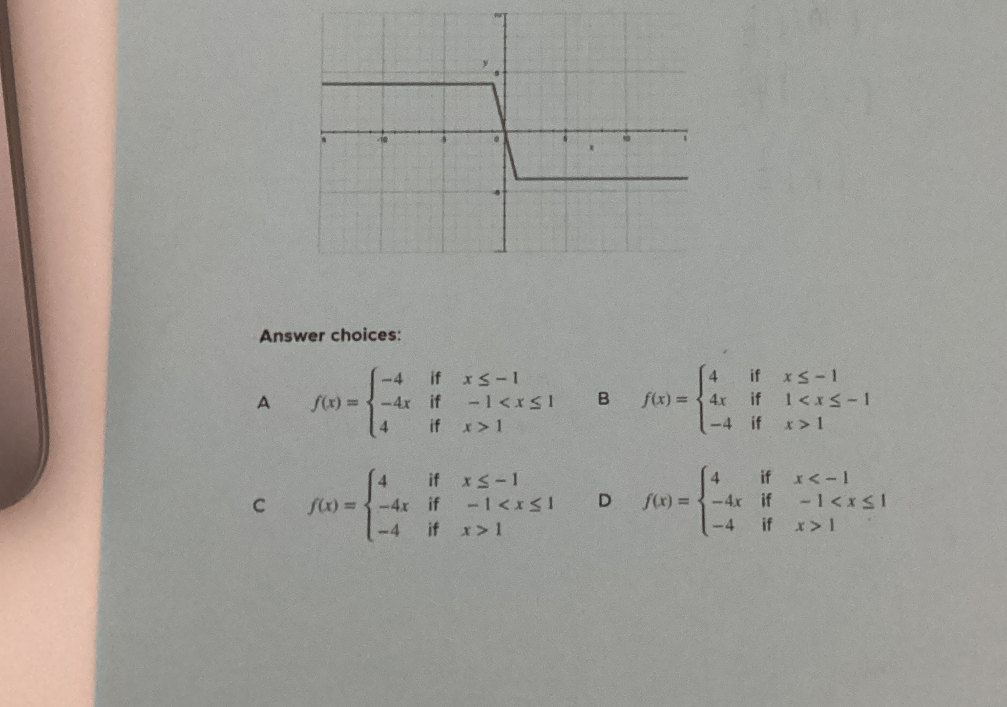 Answer choices: A f ( x ) = { - 4 i f x - 1 - 4 x