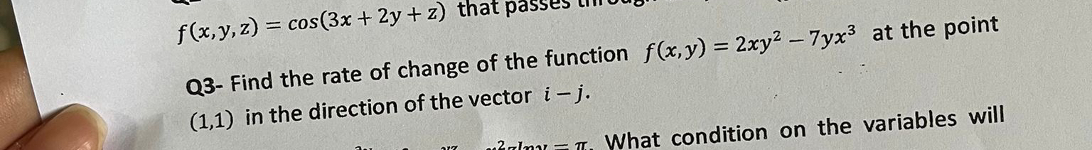 f ( x , y , z ) = c o s ( 3 x + 2 y + z ) that Q