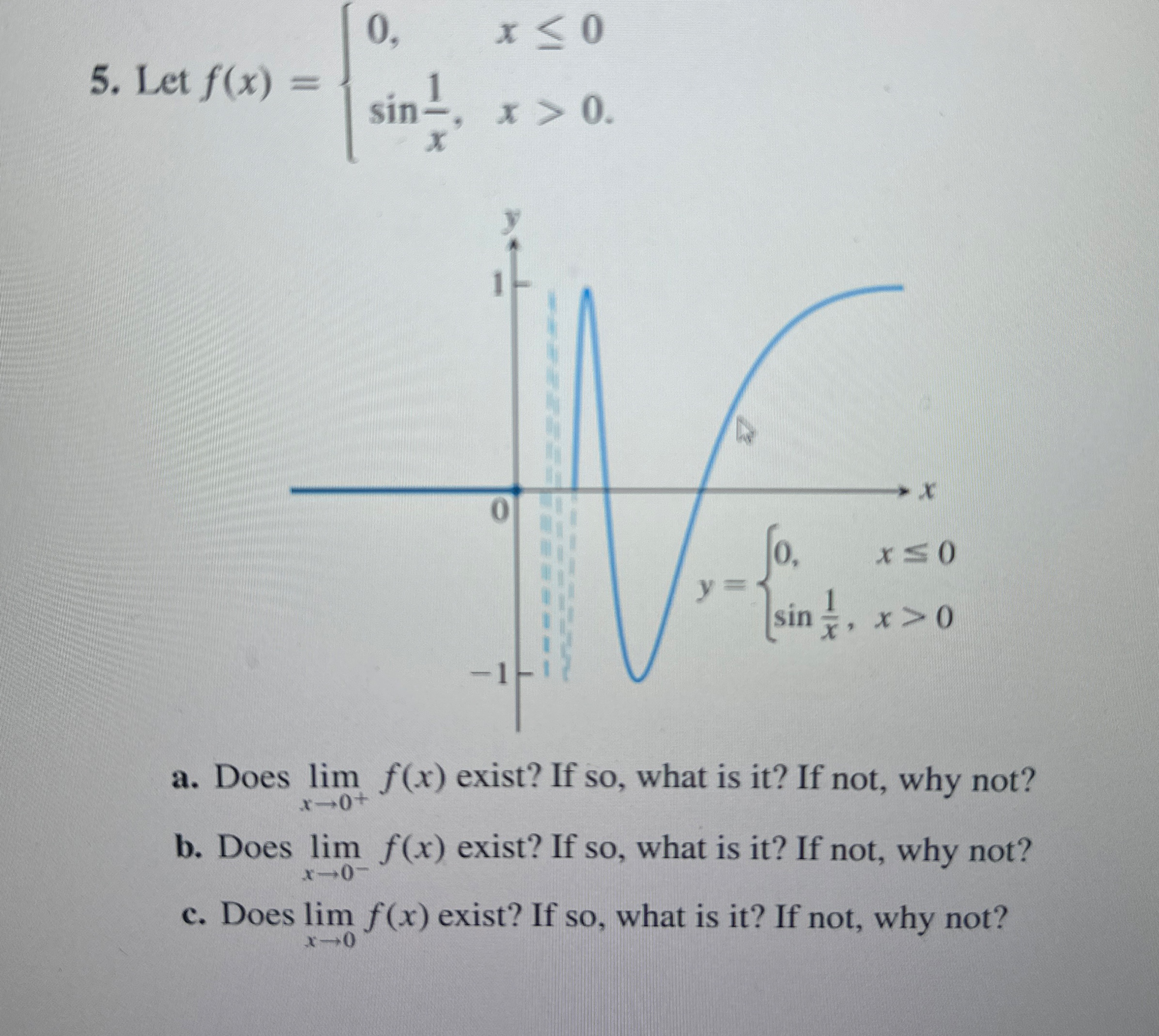 Let f ( x ) = { 0 , x 0 s i n ( 1 x ) , x > 0 a .