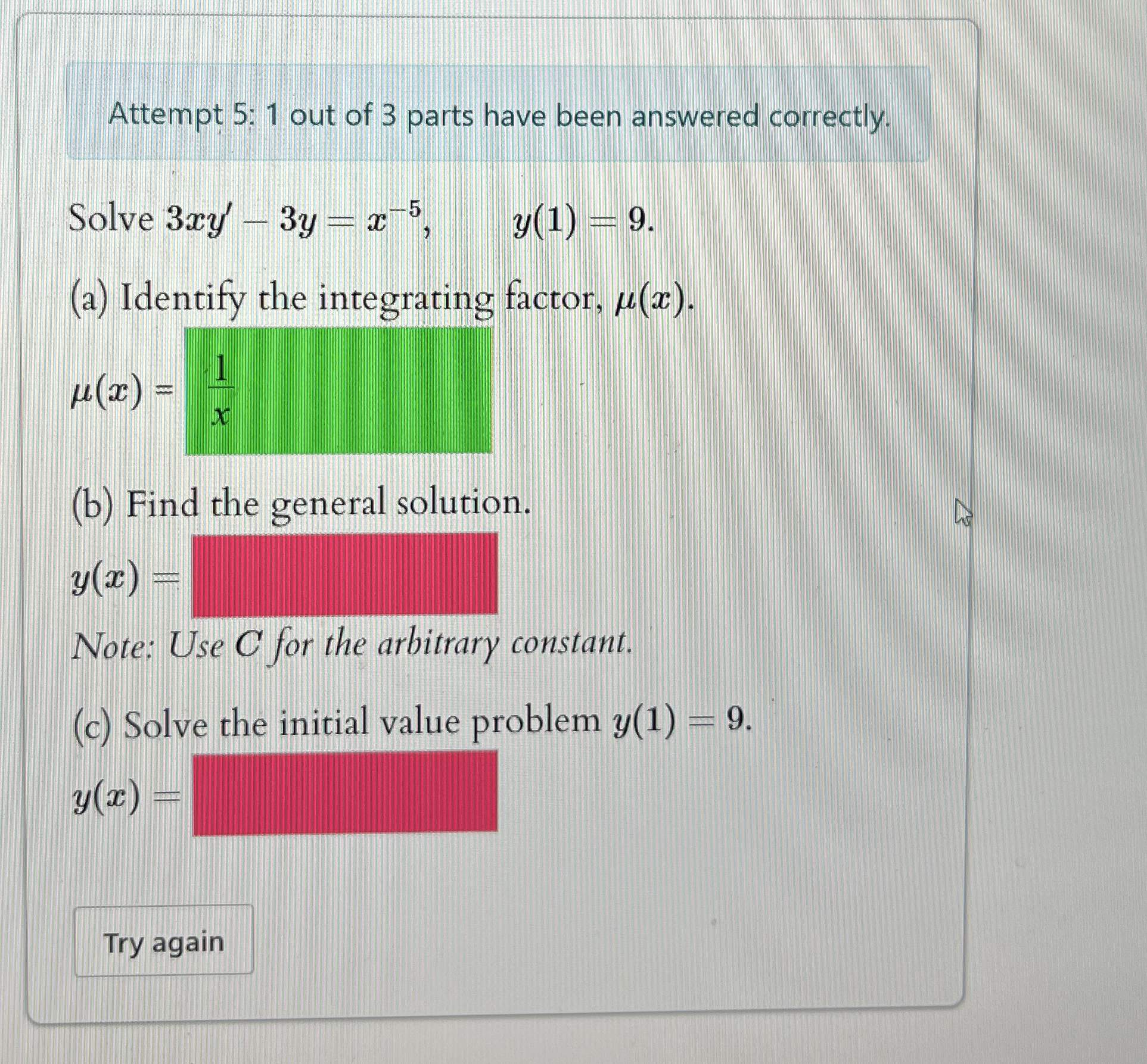 Attempt 5 : 1 out of 3 parts have been answered