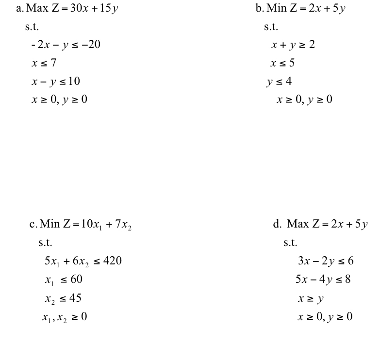 a . MaxZ = 3 0 x 1 5 y s . t . - 2 x - y - 2 0 x
