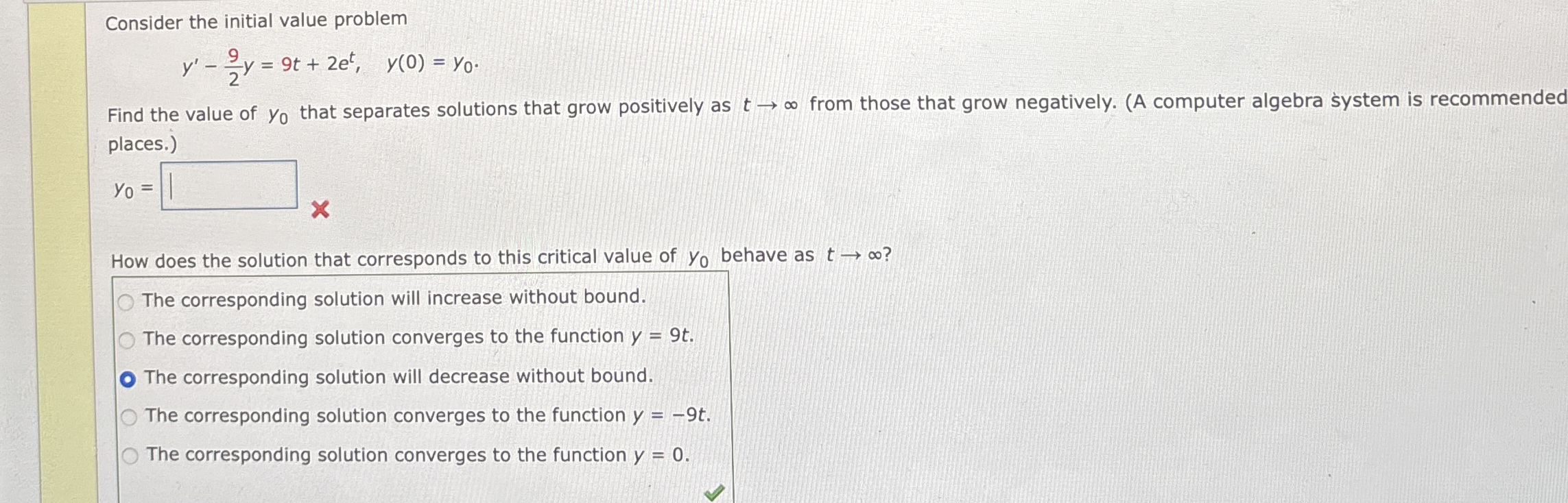 Consider the initial value problem y ' - 9 2 y =