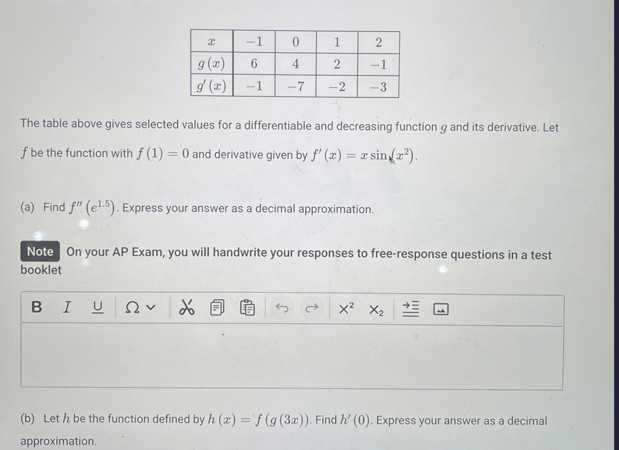 \ table [ [ x , - 1 , 0 , 1 , 2 ] , [ g ( x ) , 6