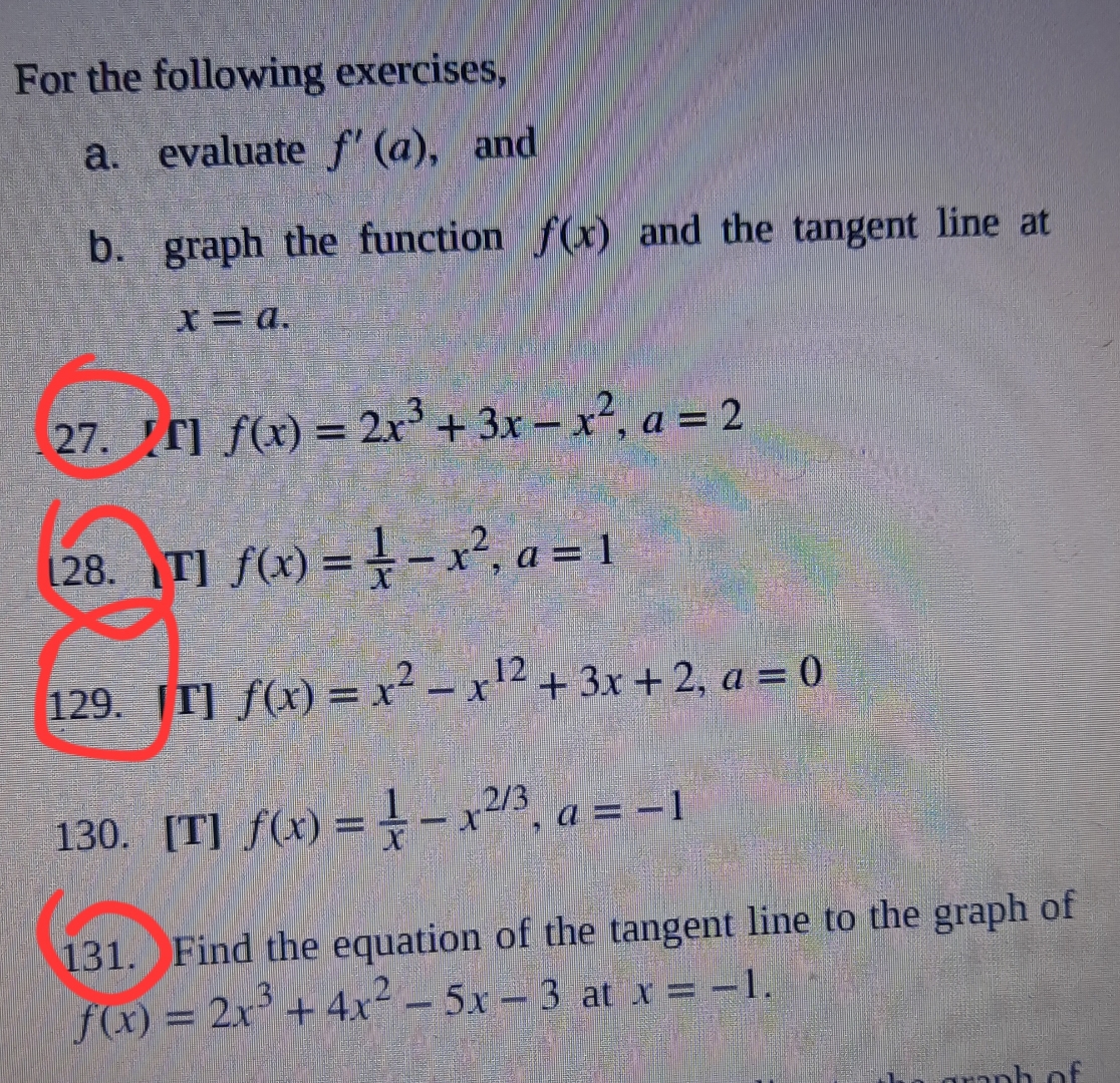 For the following exercises, a . evaluate f ' ( a