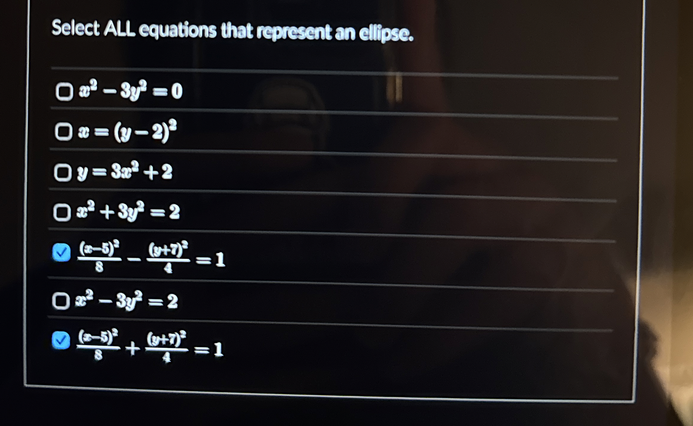 Select ALL equations that represent an ellipse. x