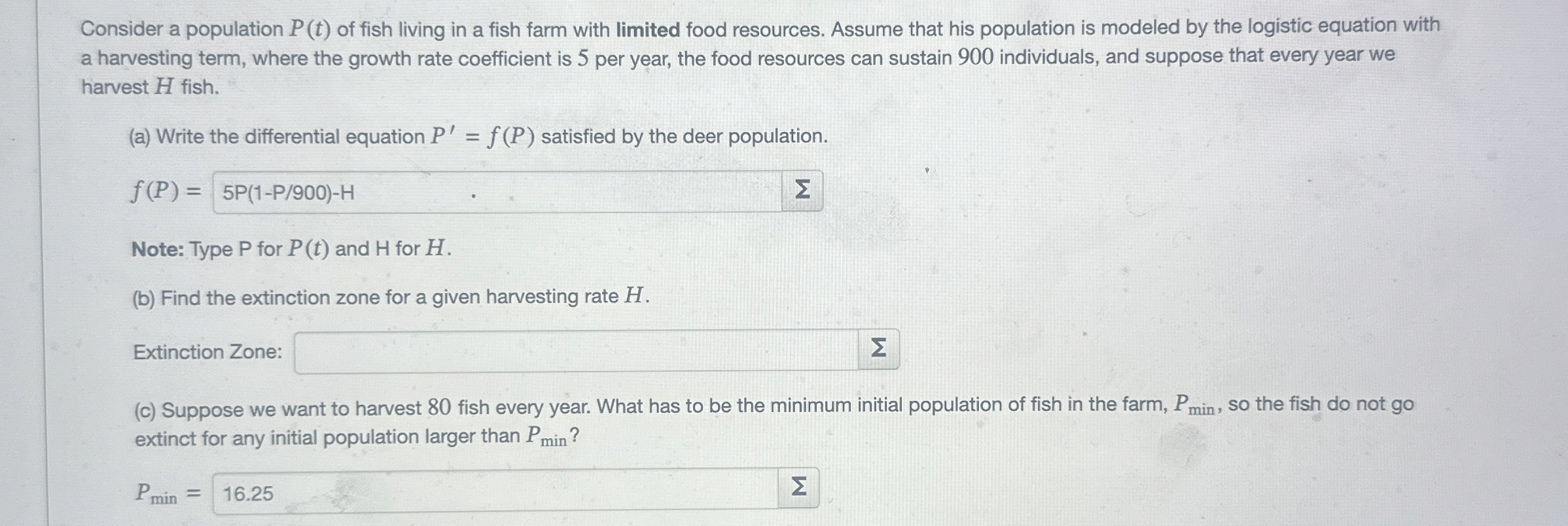 Consider a population P ( t ) of fish living in a